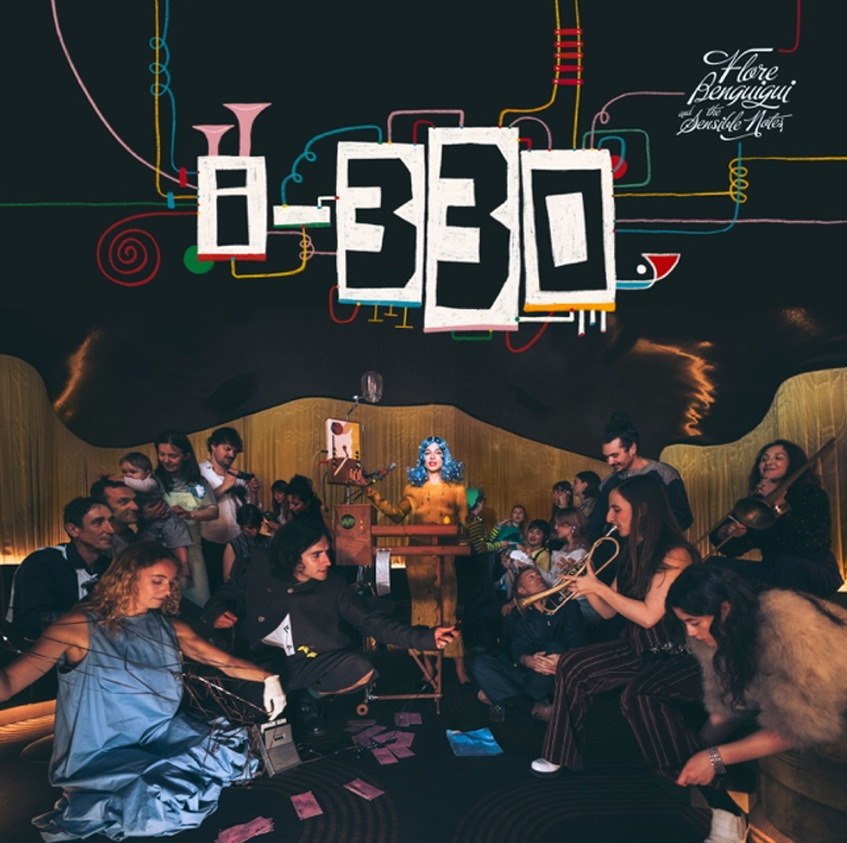 the alt text to "Flore Benguigui & the Sensible Notes" Album "i-330" it shows a group of musicians and other people in a room, It's very crowded, there is for example one person to the right playing a trumpet and a person on the left reaching over with a microphone to record it.. yeah. abovee there are some funky colorfull lines and squiggles.